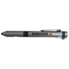 A silver and black pen featuring the text SURVIVAL GEAR in bold letters. It has a pocket clip on one end and a pointed tip on the other.