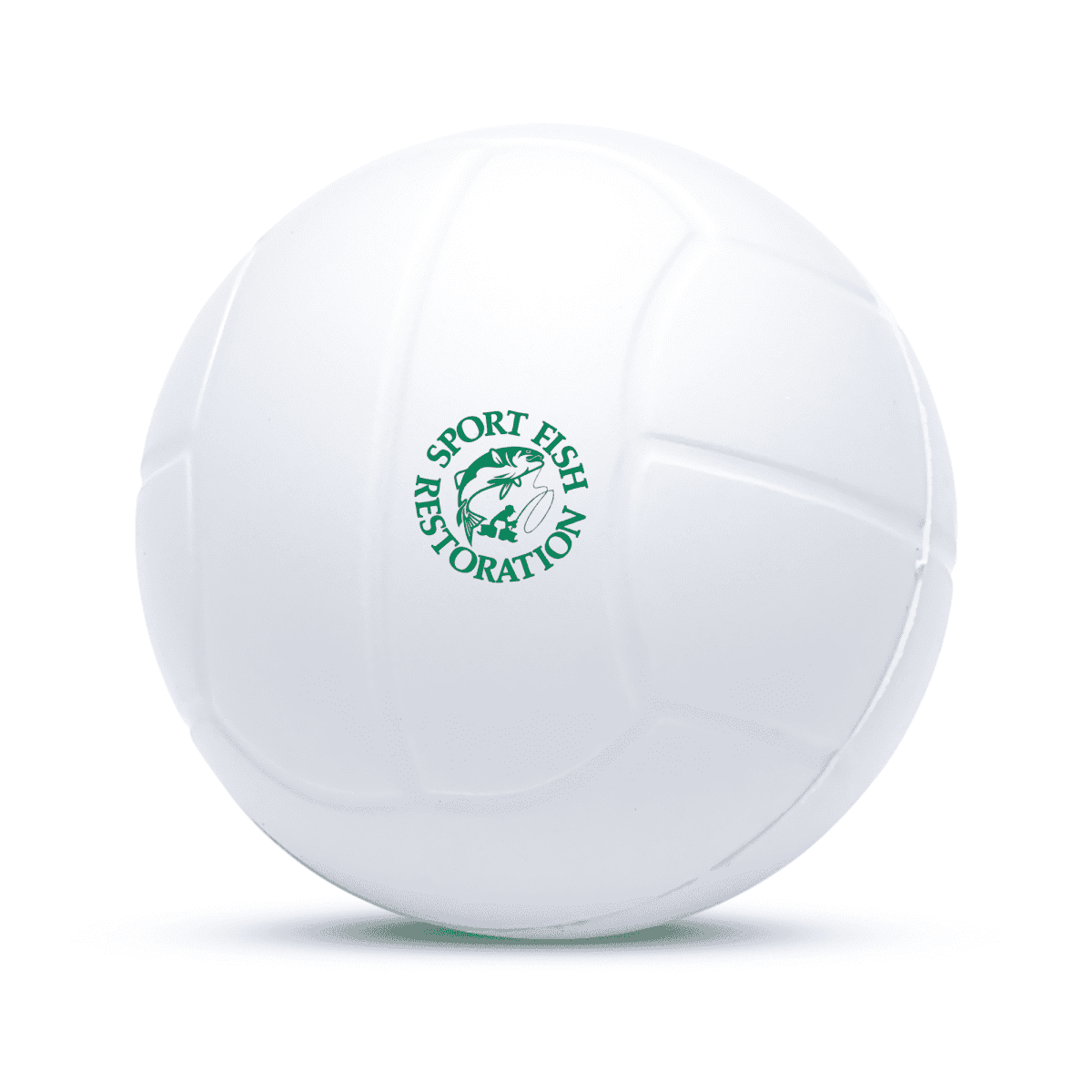 A white ball with a segmented design features a green logo at its center. The logo consists of a fish graphic encircled by the words Sport Fish Restoration. The ball is set against a plain white background.