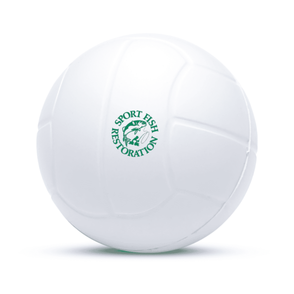 A white soccer ball with engraved panels and the logo Sport Fish Restoration in green on the side.