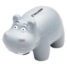 A small, gray hippo-shaped stress toy with wide eyes, slightly open mouth revealing small white teeth, and the word PALLISER printed on its back. The toy is made of a soft, squeezable material.