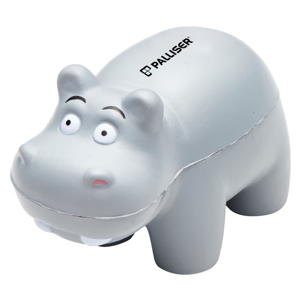 A small, gray hippo-shaped stress toy with wide eyes, slightly open mouth revealing small white teeth, and the word PALLISER printed on its back. The toy is made of a soft, squeezable material.