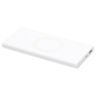 A slim, rectangular, white power bank with a circular charging pad in the center. The device has a USB port and an indicator light on the side.