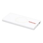 A slim white power bank with the brand name Opticenter in red letters. It features a circular charging pad in the center and a USB port on the side. The design is minimalistic and modern.