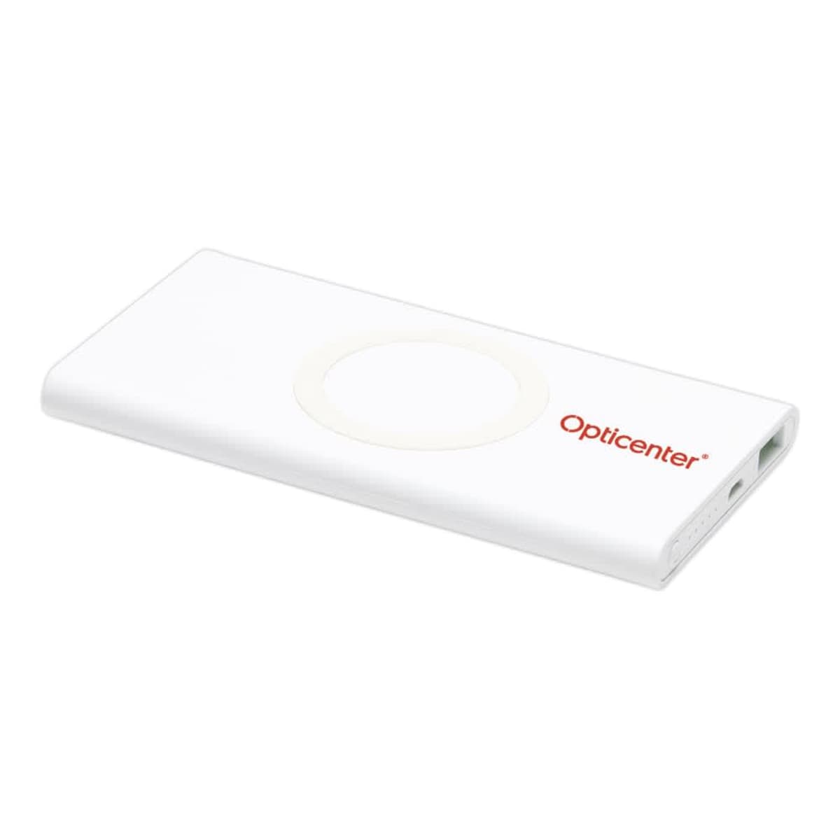 A slim white power bank with the brand name Opticenter in red letters. It features a circular charging pad in the center and a USB port on the side. The design is minimalistic and modern.