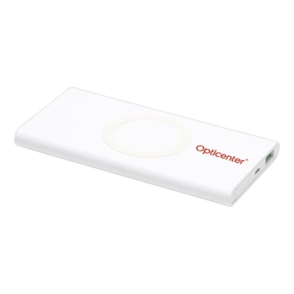 A white, rectangular portable charger with rounded edges, featuring the text Opticenter in red on the top surface.