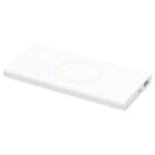 Slim white power bank with a circular design in the center and a USB port on one side. The device has smooth edges and a minimalistic appearance.