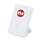White rectangular wireless charger with RW logo, displayed on a stand, isolated on white background.