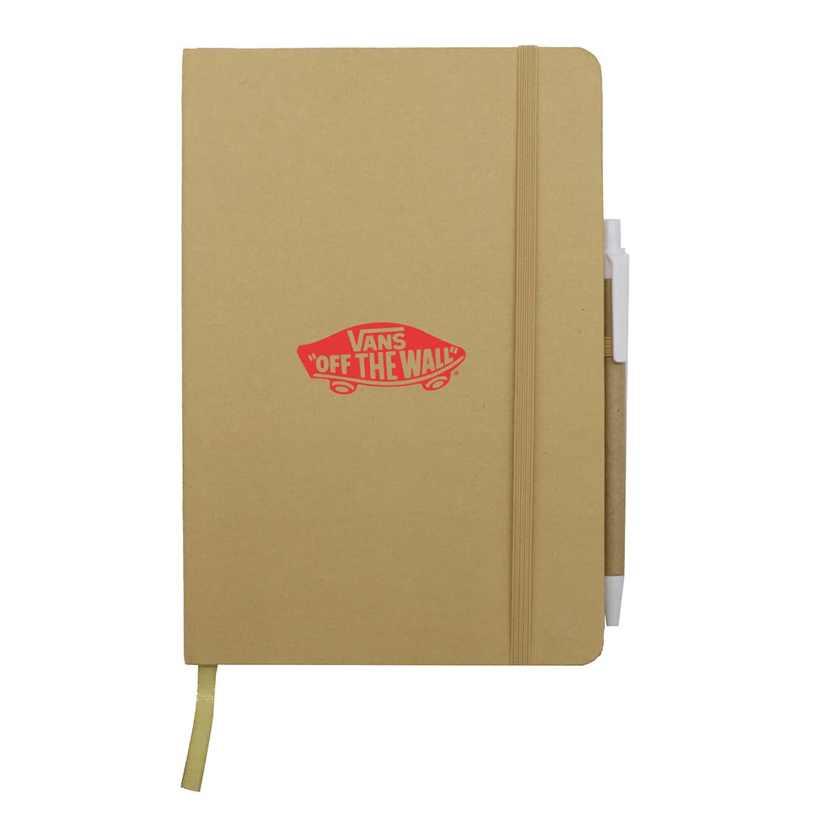 A beige notebook with an elastic band and pen holder attached to the side. The front cover features a red Vans Off The Wall logo. A yellow ribbon bookmark is visible at the bottom.
