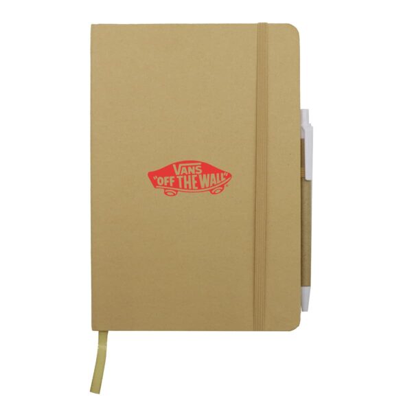 A tan notebook with an elastic closure and a pen holder attached. The cover features the Vans logo with the text Off The Wall in red. A yellow ribbon bookmark is visible.