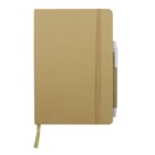 A closed beige notebook with a matching elastic band and ribbon bookmark. A pen with a white clip is attached to the notebooks right side. The notebook is positioned vertically against a plain white background.