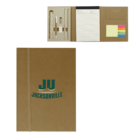 A brown journal set with JU Jacksonville text on the cover. Open view shows a ruler, paper clips, eraser, pencils, pens, note pad, and sticky notes in assorted colors.