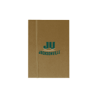 A tan notebook with JU and Jacksonville in green letters on the cover.