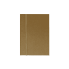 A closed, leather-bound notebook with an elastic strap centered against a white background. The cover is a light brown color with a subtle texture.