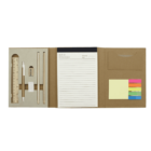 Open stationery kit with a notebook, sticky notes in multiple colors, a ruler, a pencil, a pen, an eraser, and a pencil sharpener, all neatly arranged in a cardboard holder.