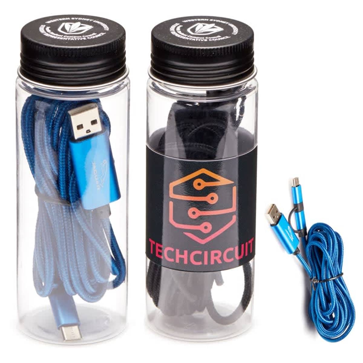 Two transparent jars with screw-on lids containing coiled charging cables. One has blue cables with a USB connector visible, and the other has black cables with the label TechCircuit. A separate coiled blue cable with connectors is beside them.