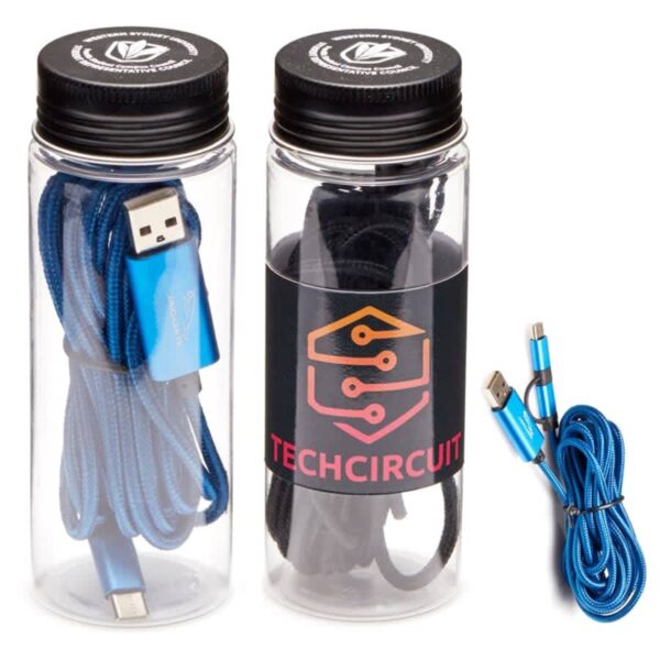 Two transparent jars with black lids contain coiled USB cables, one blue and one black. Each jar has a TechCircuit logo. A separate blue USB cable is shown next to the jars, coiled with both ends visible.