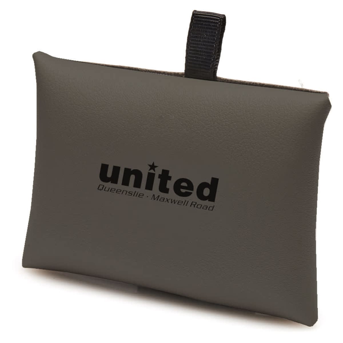 A gray pouch with black text reading united and Queenslie - Maxwell Road. A black loop is attached at the top for easy carrying.