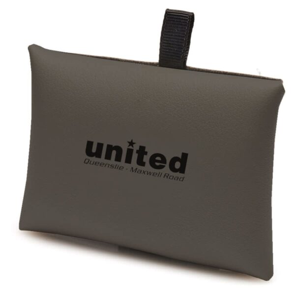 A rectangular, gray pouch with a black text logo united and the words Queenslie · Maxwell Road beneath it. The pouch has a black fabric loop at the top.