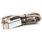 A coiled USB-C to USB-A cable with a metallic finish and beige braided exterior. The cable is secured with a black rubber band in the middle.