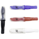 Four colored pens are displayed horizontally with clear caps. The pens are black, blue, red, and white, each featuring a blank space labeled Your Logo Here on the barrel.