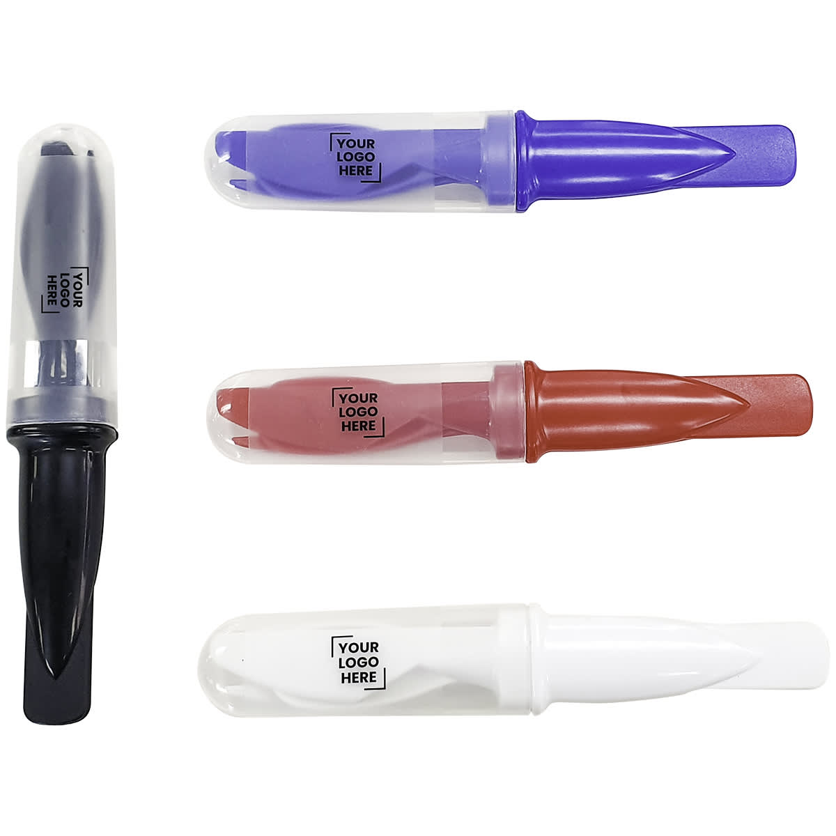 Four colored pens are displayed horizontally with clear caps. The pens are black, blue, red, and white, each featuring a blank space labeled Your Logo Here on the barrel.