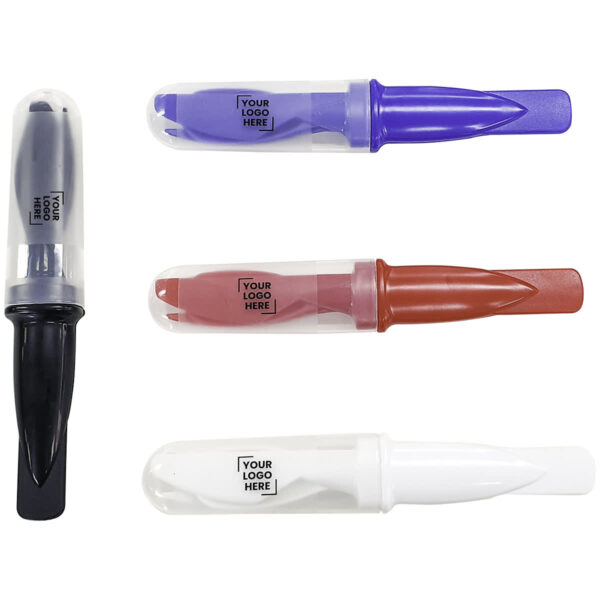 Four highlighters in black, blue, red, and white are arranged with their caps visible. Each cap has a clear section and the phrase YOUR LOGO HERE printed on it.