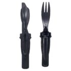 Two black camping utensils on a white background. One is a combination of a spoon and knife, and the other is a spork. Both are designed for compact and versatile use during outdoor activities.