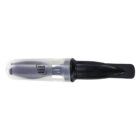 A black and gray plastic scoop with a transparent cover. The handle has space for a logo.