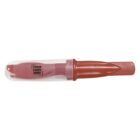 A closed lipstick with a transparent cap revealing the product inside. The lipstick is a muted red shade, and the casing is labeled with the words Your Logo Here.