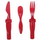 A set of three red plastic utensils: a knife, a spoon, and a fork. The utensils have ornate, slightly flared handles. The fork features only three prongs. All utensils are aligned vertically on a white background.
