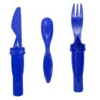 A set of three blue plastic utensils is shown: a knife, a spoon, and a fork. The knife and fork have built-in holders, and all have a glossy finish.