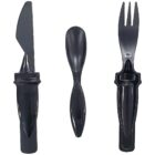 A black plastic cutlery set with a knife, spoon, and fork. Each utensil has a sleek, modern design with a compact and portable build. The handles appear to be ergonomically designed for ease of use.