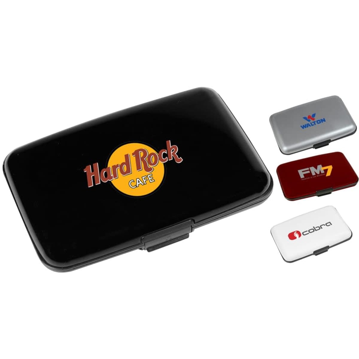 A black card holder with the Hard Rock Cafe logo is displayed next to three smaller card holders in silver, red, and white with logos for Walton, FM7, and Cobra respectively. All items are closed and placed against a white background.