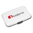 A white rectangular case with a black latch features a red and white logo depicting a stylized cobra. The word cobra is printed in black to the right of the logo.