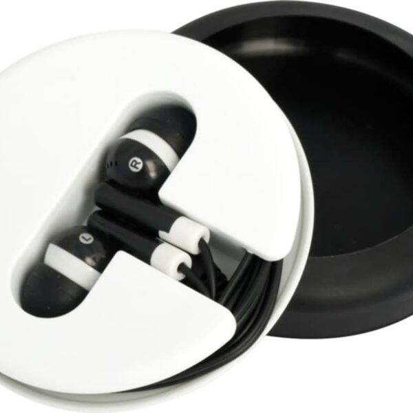 A pair of black and white earbuds neatly wrapped around a circular white holder, with a black round container beside it. The earbuds have a matching black and white design.