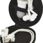 A black zippered case containing a white car charger, a pair of white earphones, and a white USB charging cable with connectors. The items are neatly organized inside the open case.