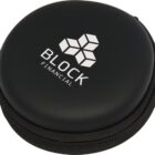 A round, black zippered case with the text Block Financial and a geometric cube logo printed in white on the lid.