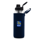A transparent water bottle with a black lid and straw, encased in a dark blue sleeve featuring a stylized lion logo and the letters RBC. The sleeve has a small handle on the side.