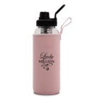 A transparent water bottle with a black lid and straw, wrapped in a pink sleeve that has Lady Million printed in elegant black script.