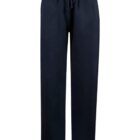 Black track pants with an elastic waistband and drawstring. The pants are long and straight-legged, designed for comfort and casual wear.