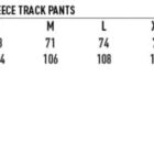 Size chart for unisex traditional fleece track pants, sizes S to 3XL. Waist relaxed measurements range from 68 to 83, and outer leg measurements range from 104 to 112. Includes wind and cold proof icon.