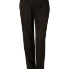 Black track pants with an elastic waistband, shown against a plain white background.