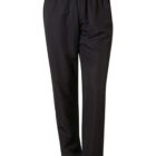 Black pants with an elastic waistband, designed in a straight-leg style. They appear simple and comfortable, suitable for casual wear. The fabric looks smooth, emphasizing a relaxed fit.