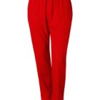 Bright red pants with an elastic waistband, designed in a straight leg style, displayed against a white background.