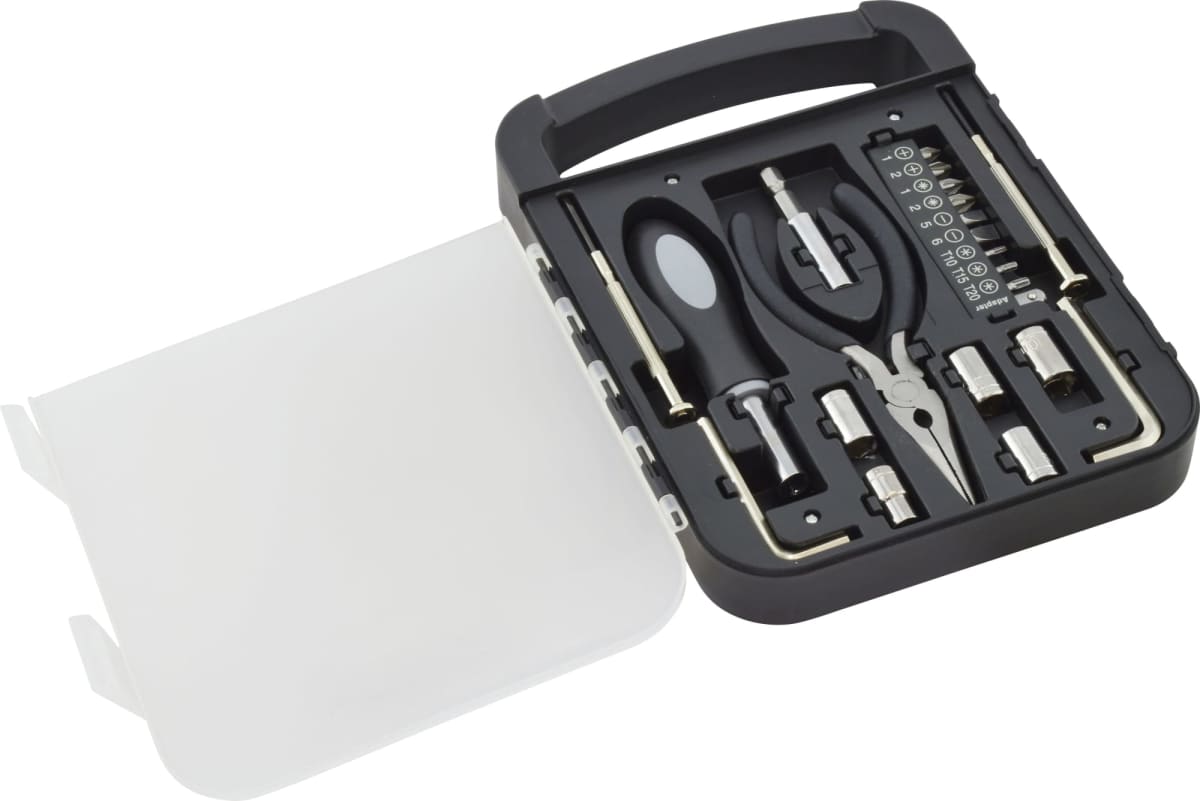 A compact black tool kit with an open case showing a screwdriver with interchangeable bits, a pair of pliers, and other small hand tools. The kit is neatly organized and includes a white plastic cover.