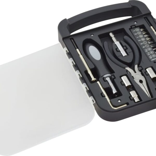 A black and grey tool kit with a transparent lid. It contains a screwdriver with various interchangeable bits, pliers, and other small tools securely placed in a molded case. The lid is open, revealing the tools inside.