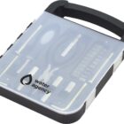 A compact toolkit with a transparent lid displaying various tools inside. The lid features a logo with a water drop icon and the words water agency. The case has a black handle and secure latches on the sides.
