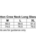Size chart for TS02 Mens 100% Cotton Crew Neck Long Sleeve Tee Shirts. Sizes range from S to 3XL, with half chest and body length measurements. Includes 100% cotton and UPF50 logos. Measurements are for guidance only.