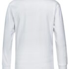 A plain white long-sleeve T-shirt is displayed. The shirt has a round neckline and is shown from the back, highlighting its simple design and unadorned fabric.