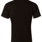 The image shows the back view of a plain black t-shirt against a white background. The shirt has short sleeves and a crew neckline, with a simple and minimalist design.